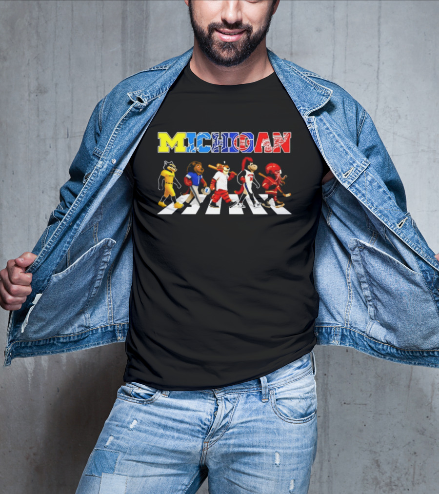 Michigan Sports Mascots Abbey Road Detroit Lions Pistons Tigers Red Wings Wolverine T-Shirt