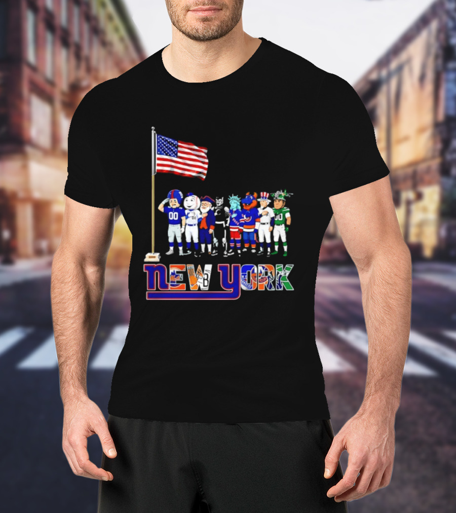New York Sports Teams Mascots American Flag Giants Yankees Mets Rangers Knicks Jets T-Shirt