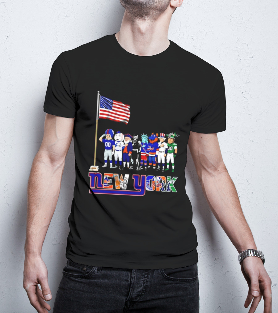 New York Sports Teams Mascots American Flag Giants Yankees Mets Rangers Knicks Jets T-Shirt