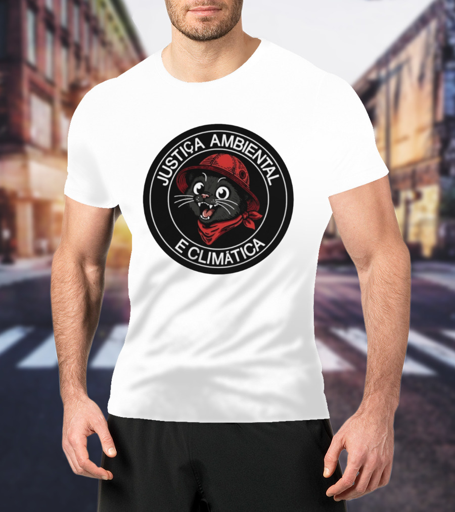 Justiça Ambiental E Climática Black Cat In Red Helmet And Bandana T-Shirt