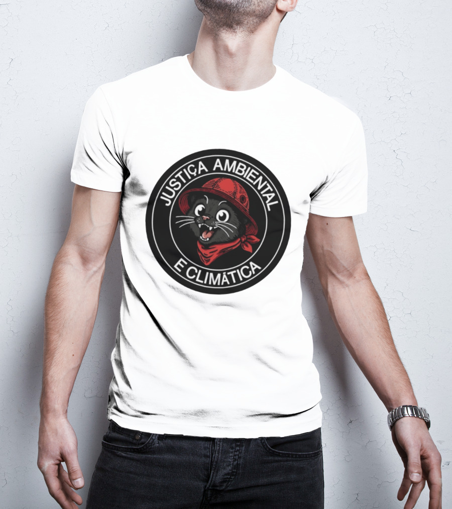 Justiça Ambiental E Climática Black Cat In Red Helmet And Bandana T-Shirt