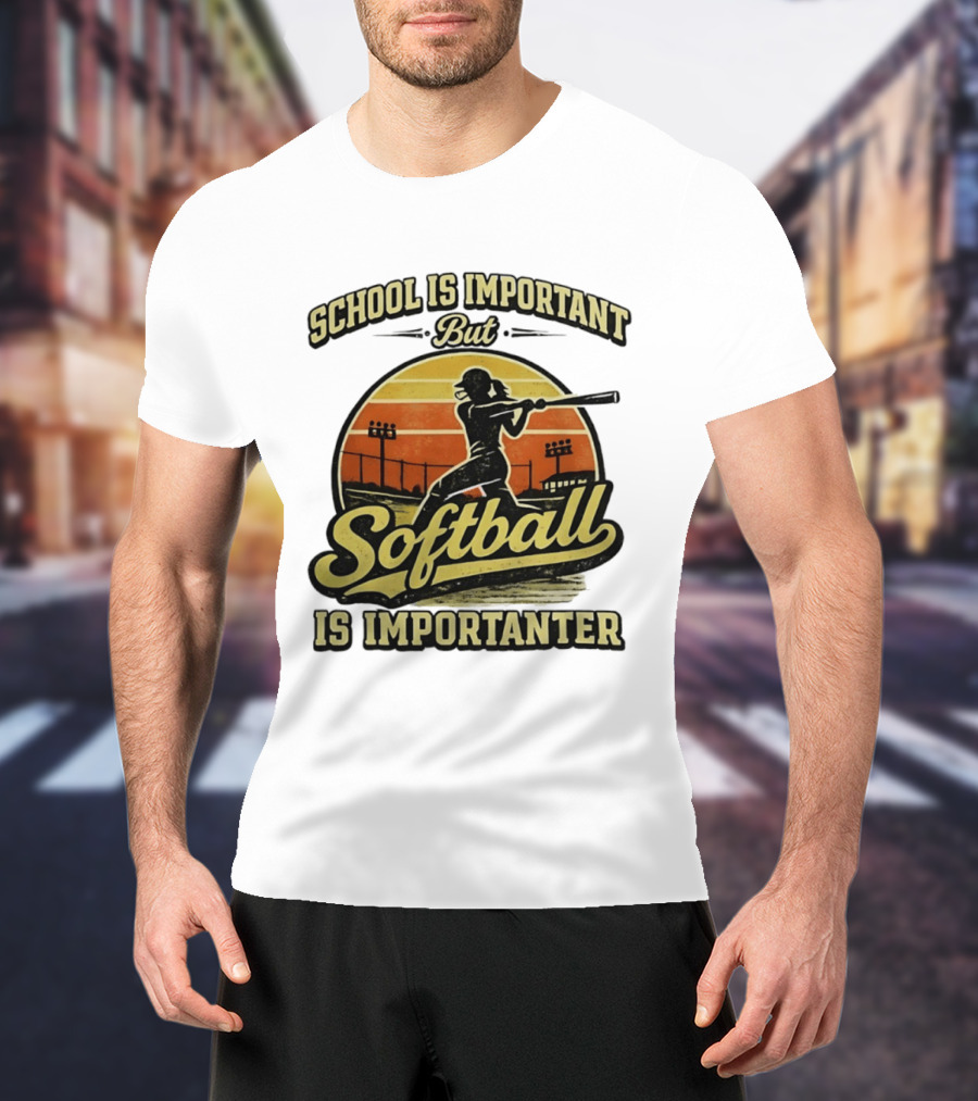 School Is Important But Softball Is Importanter Retro Silhouette Batter T-Shirt