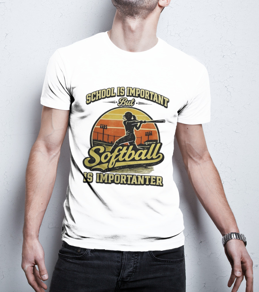 School Is Important But Softball Is Importanter Retro Silhouette Batter T-Shirt