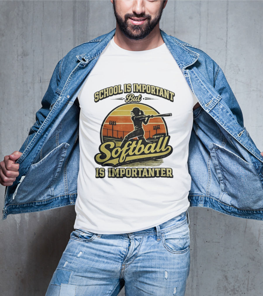 School Is Important But Softball Is Importanter Retro Silhouette Batter T-Shirt