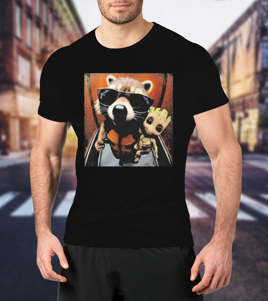 John Bates Raccoon And Baby Tree Alien With Sunglasses And Orange Suit T-Shirt