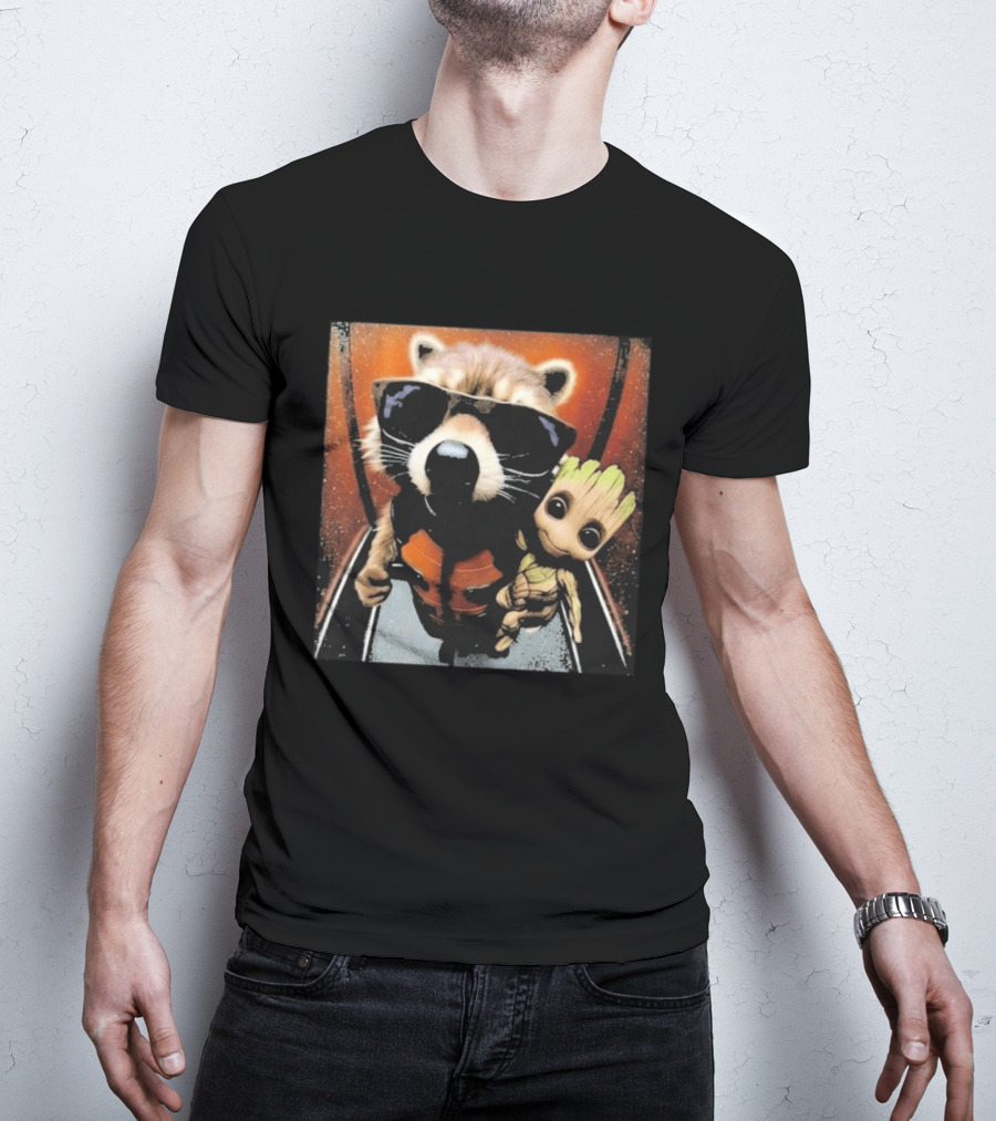 John Bates Raccoon And Baby Tree Alien With Sunglasses And Orange Suit T-Shirt