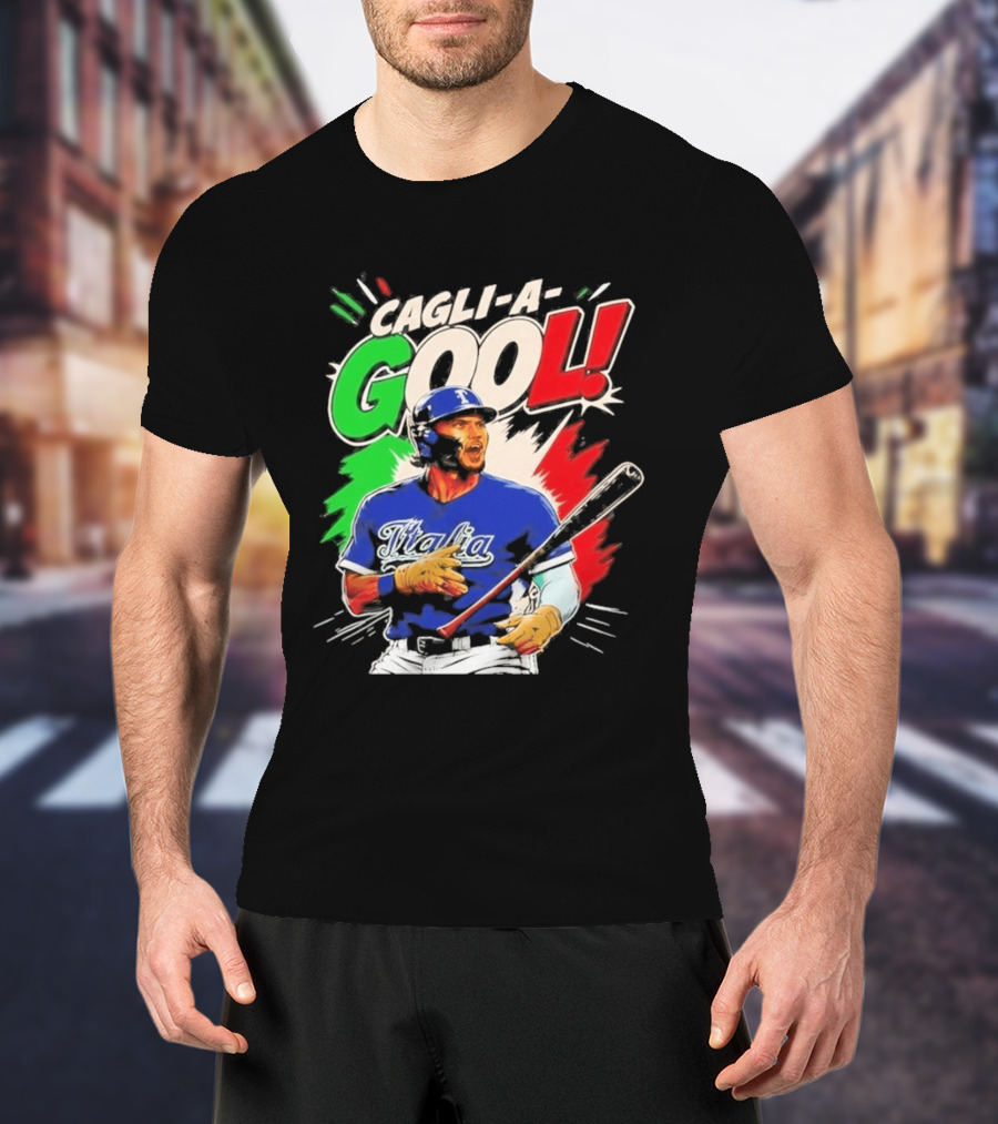 Cagli A Gool Italia Baseball Player Hitter With Italian Flag T-Shirt
