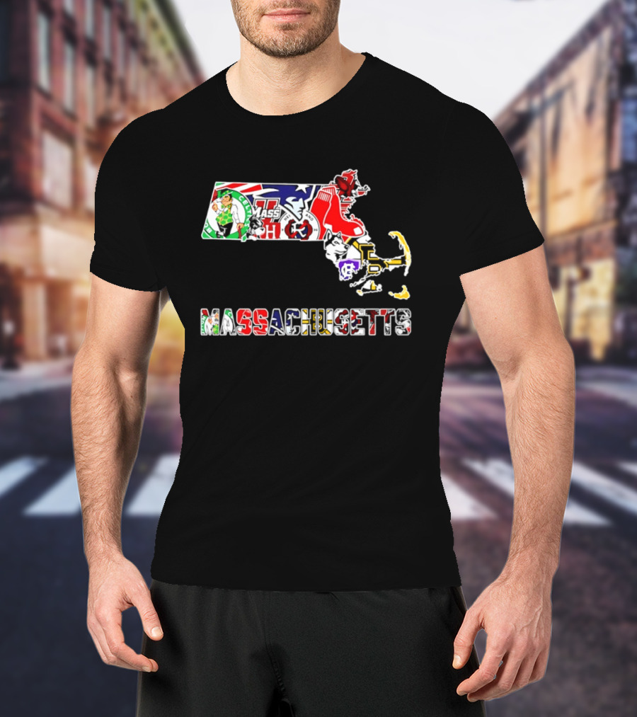 Massachusetts Sports Teams Collage Map Celtics Patriots Red Sox Bruins Revolution T-Shirt