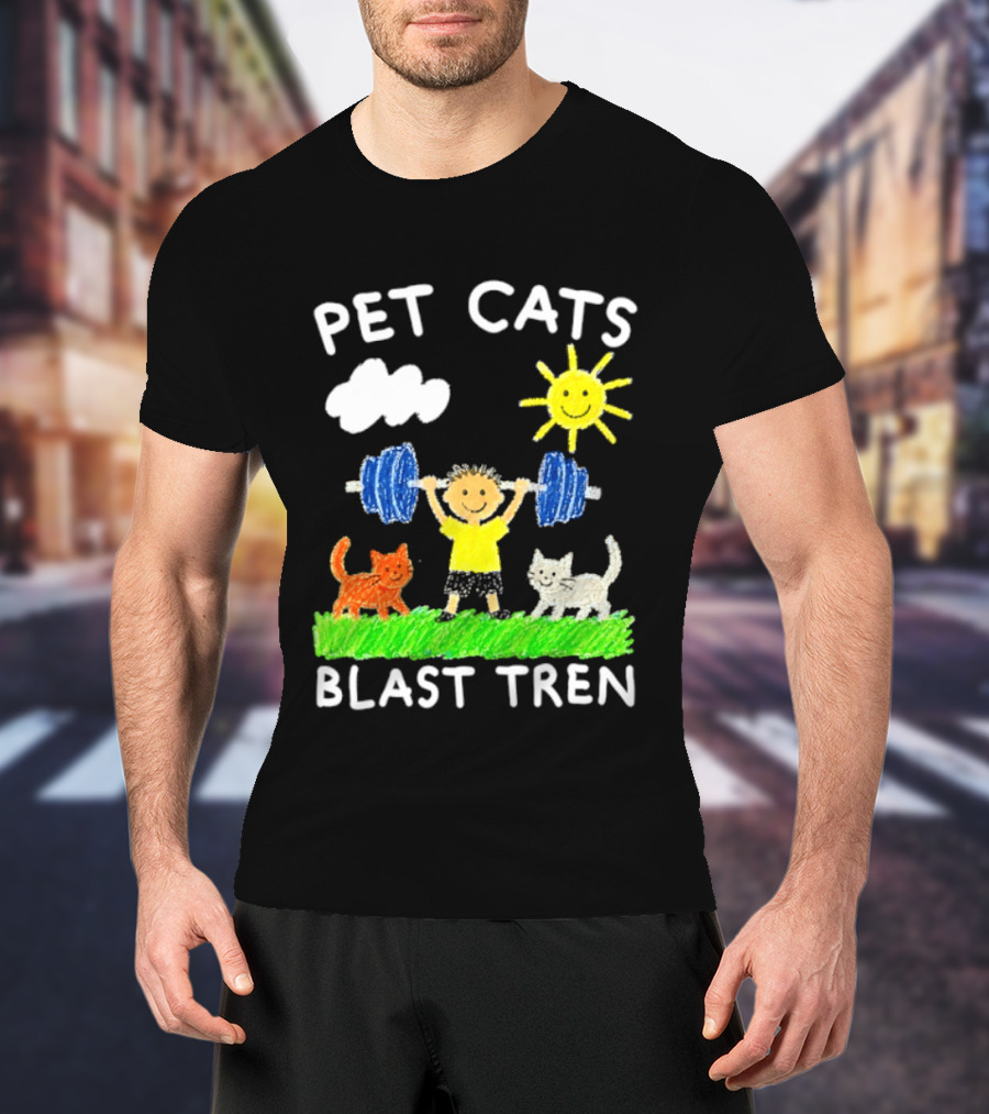 Pet Cats Blast Tren Bodybuilding Gym Child With Weights Sun And Clouds T-Shirt
