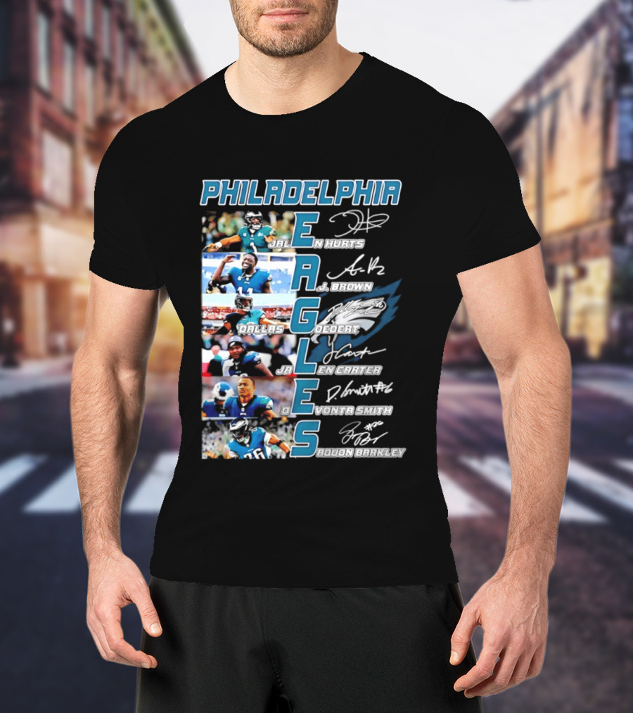 Philadelphia Eagles Jalen Hurts AJ Brown Dallas Goedert Jalen Carter DeVonta Smith Saquon Barkley Signatures Team T-Shirt