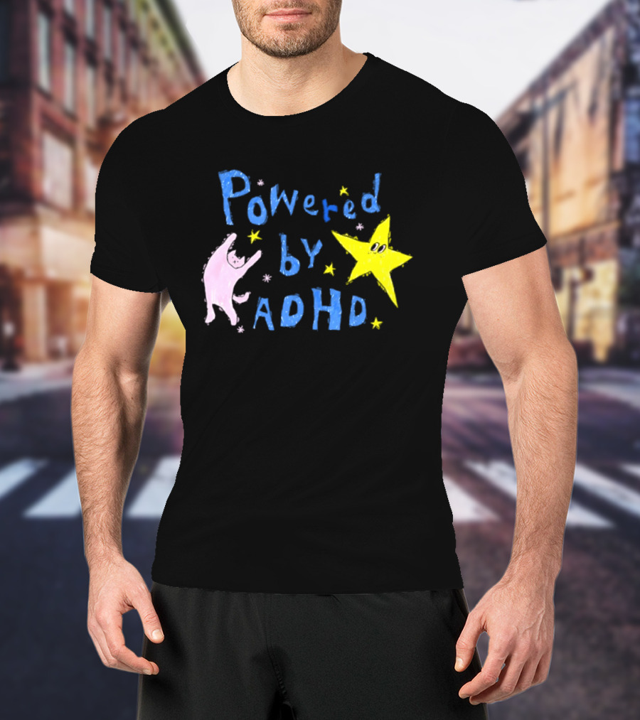 Powered By ADHD Neurodivergent Star And Cat With Yellow Stars T-Shirt