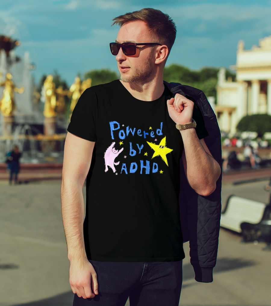 Powered By ADHD Neurodivergent Star And Cat With Yellow Stars T-Shirt