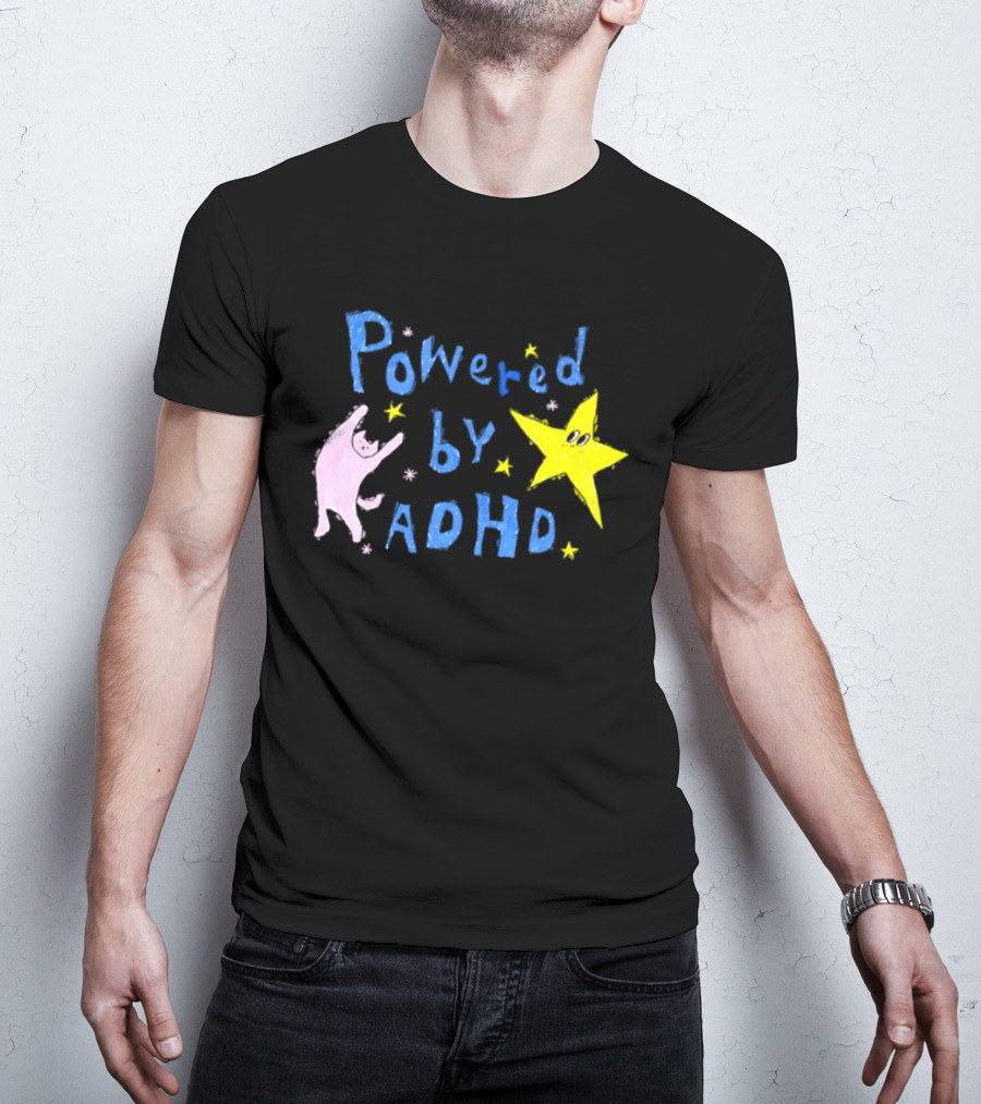 Powered By ADHD Neurodivergent Star And Cat With Yellow Stars T-Shirt