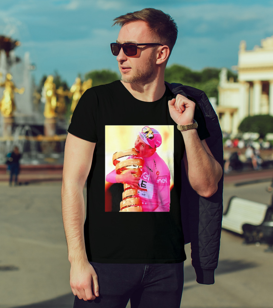 Tadej Pogacar 2024 Giro D'Italia Trophy Celebration In Pink Jersey T-Shirt