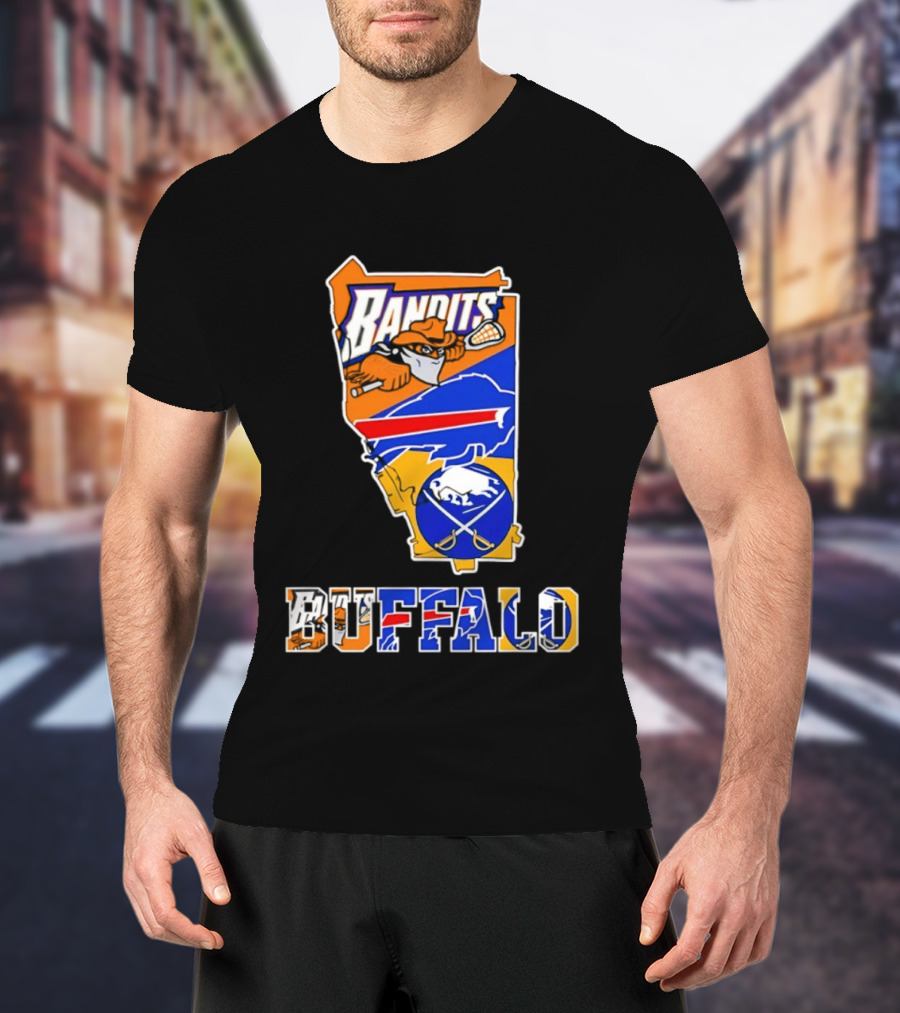 Buffalo Bandits Bills Sabres New York Sports Team Map Collage T-Shirt