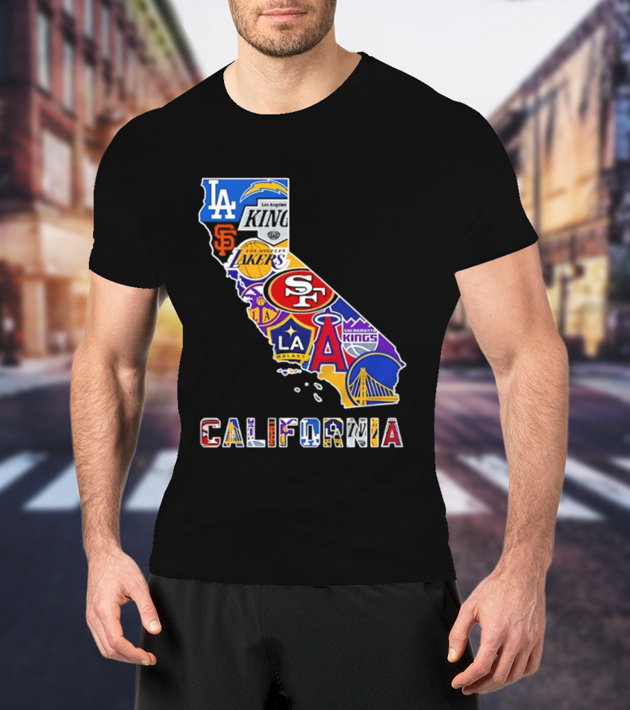 California Map Collage With 49ers Lakers Kings Giants Angels Dodgers Logos 2026 T-Shirt
