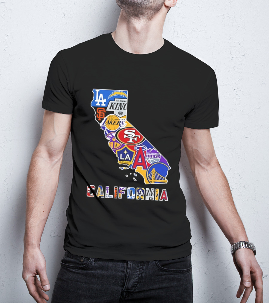 California Map Collage With 49ers Lakers Kings Giants Angels Dodgers Logos 2026 T-Shirt
