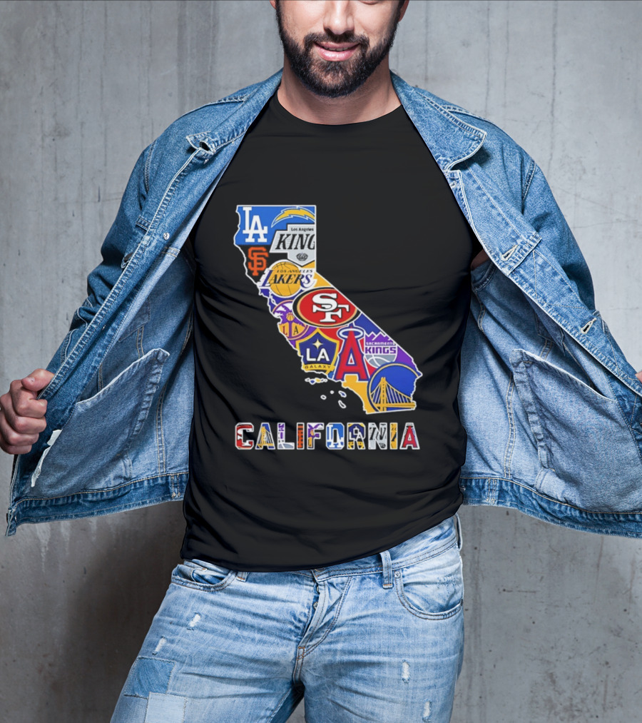 California Map Collage With 49ers Lakers Kings Giants Angels Dodgers Logos 2026 T-Shirt
