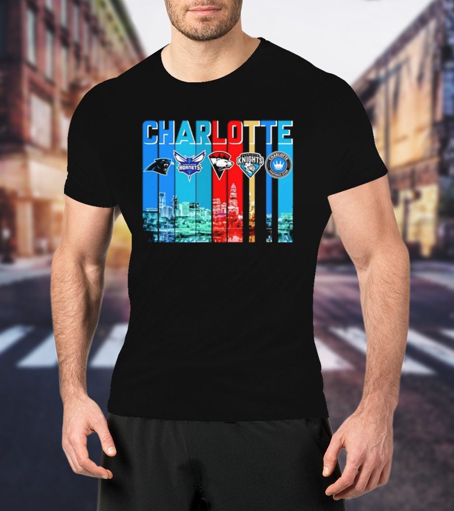 Charlotte Panthers Hornets Knights City Skyline Sports Team Logos T-Shirt