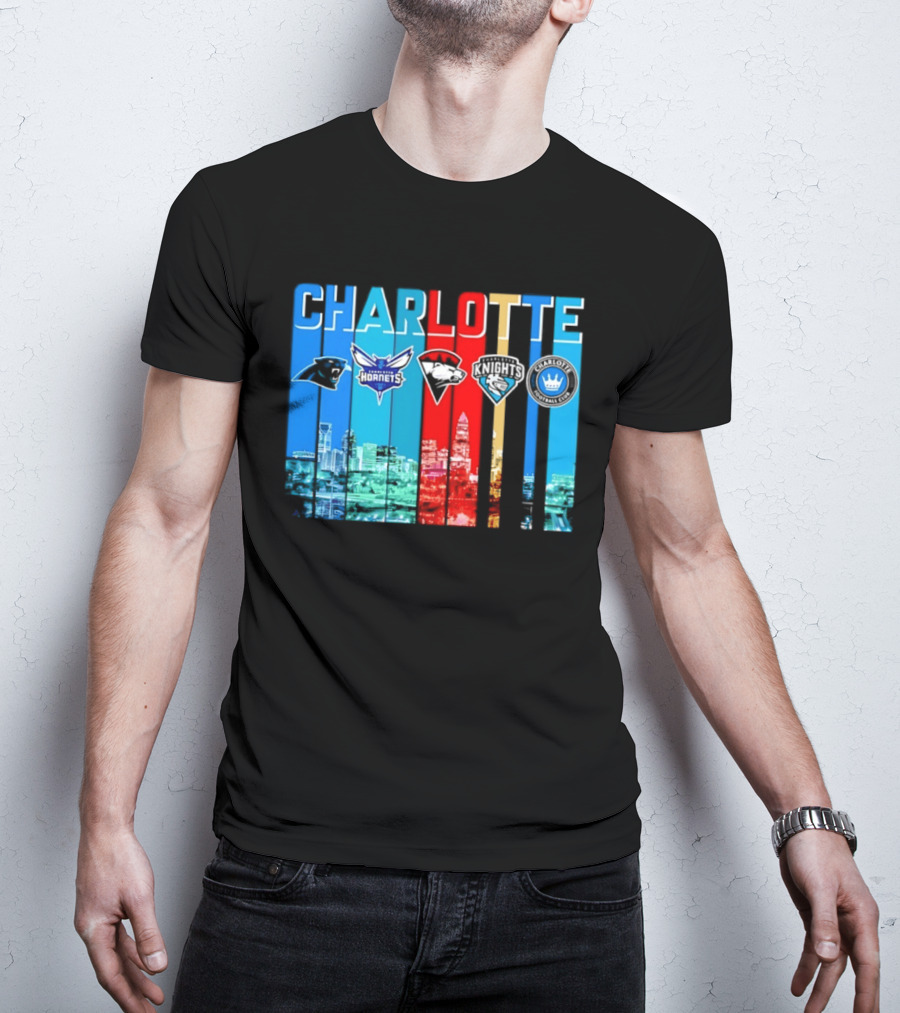 Charlotte Panthers Hornets Knights City Skyline Sports Team Logos T-Shirt