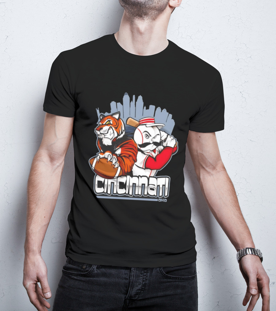 Cincinnati Reds Bengals Skyline Ohio Tiger And Baseball Character 2026 T-Shirt