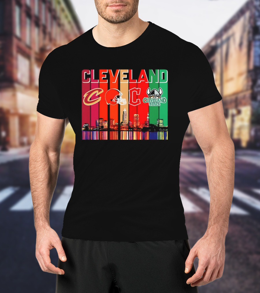 Cleveland Cavaliers Browns Guardians Cleveland State Vikings City Skyline T-Shirt