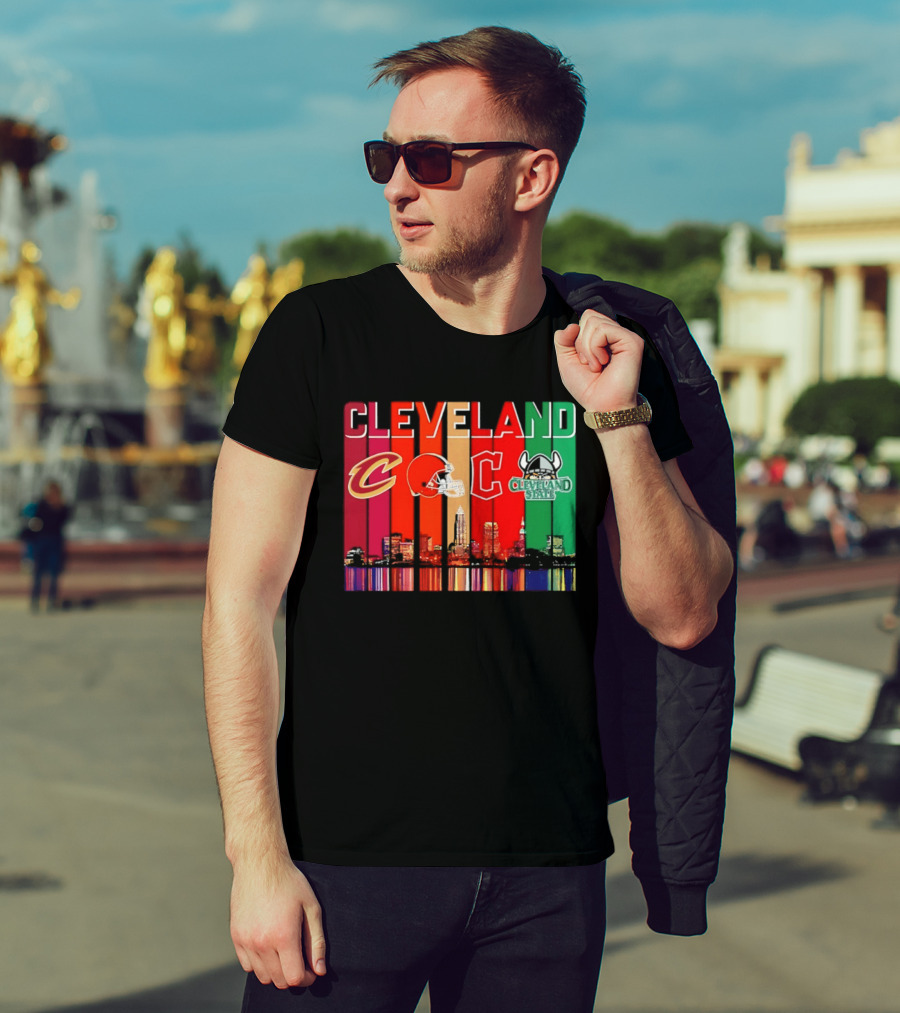 Cleveland Cavaliers Browns Guardians Cleveland State Vikings City Skyline T-Shirt