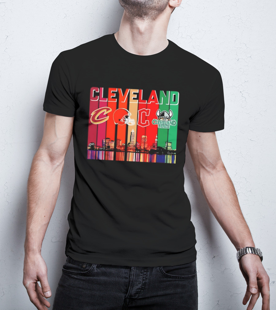 Cleveland Cavaliers Browns Guardians Cleveland State Vikings City Skyline T-Shirt