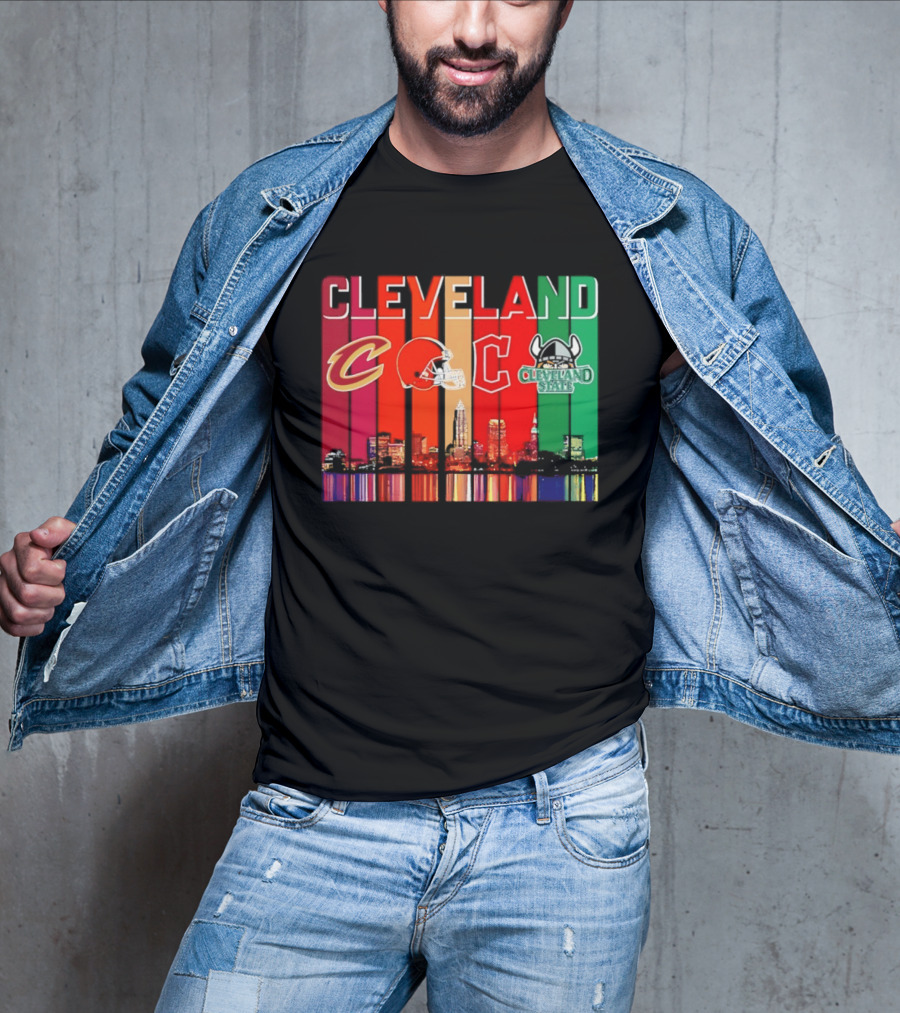 Cleveland Cavaliers Browns Guardians Cleveland State Vikings City Skyline T-Shirt