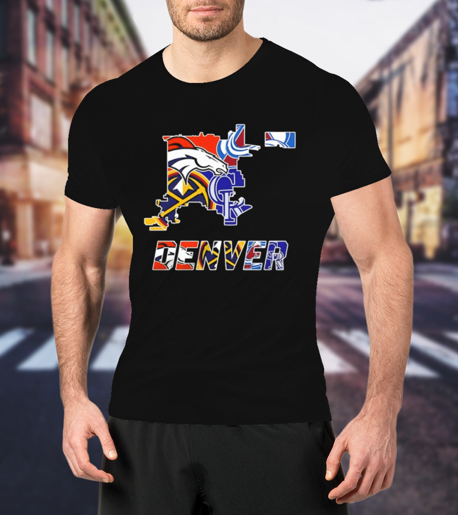 Denver Broncos Nuggets Avalanche Rockies Map Sports Team Logos T-Shirt