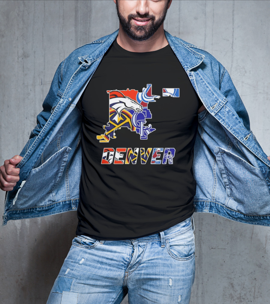 Denver Broncos Nuggets Avalanche Rockies Map Sports Team Logos T-Shirt