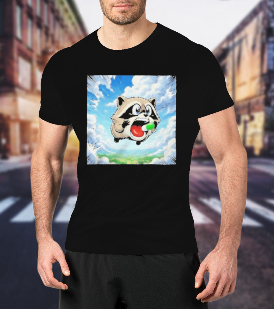 Jimothy Raccoon Cartoon Sky Dive With Colorful Capsule T-Shirt