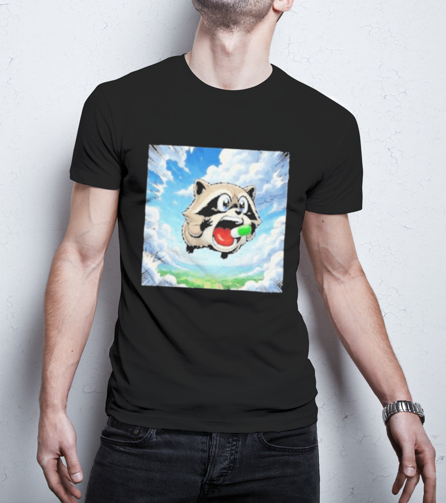 Jimothy Raccoon Cartoon Sky Dive With Colorful Capsule T-Shirt