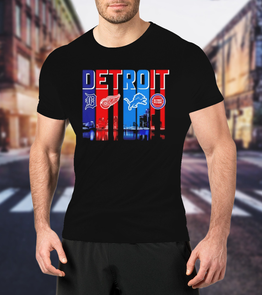 Detroit Tigers Red Wings Lions Pistons City Skyline 2026 T-Shirt