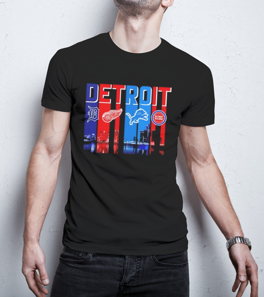 Detroit Tigers Red Wings Lions Pistons City Skyline 2026 T-Shirt