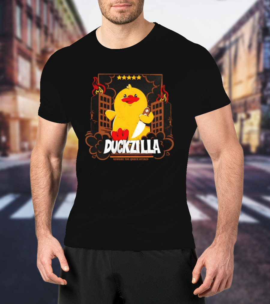 Duckzilla Beware The Quack Attack Knife Wielding Giant Duck With Burning Buildings T-Shirt