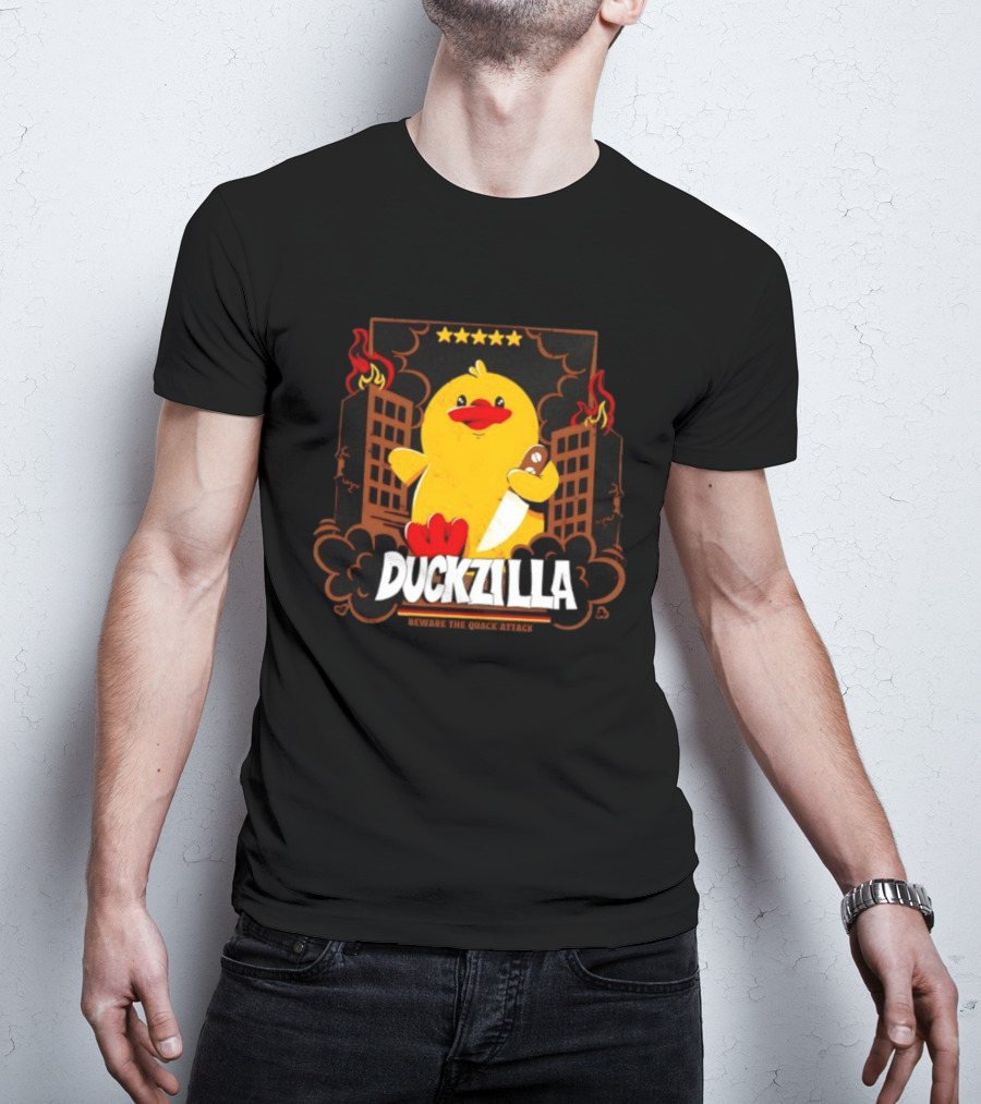 Duckzilla Beware The Quack Attack Knife Wielding Giant Duck With Burning Buildings T-Shirt