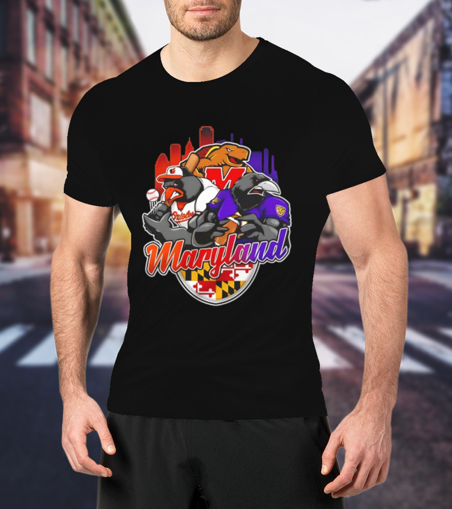 Maryland Orioles Ravens Terrapins Skyline Mashup With Flag T-Shirt