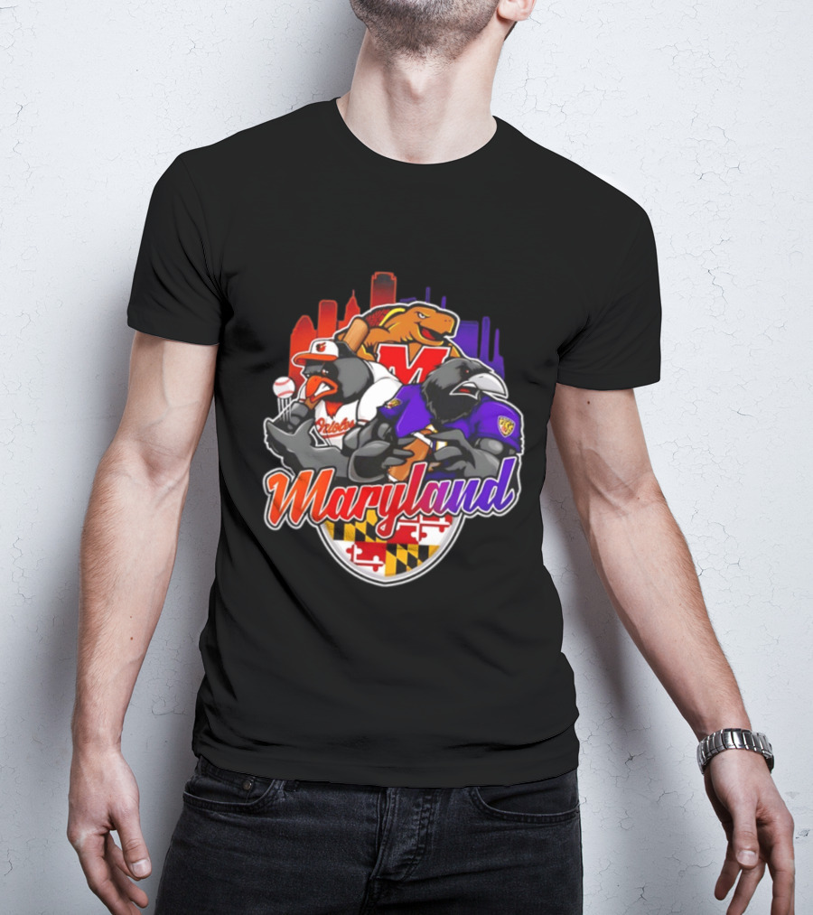 Maryland Orioles Ravens Terrapins Skyline Mashup With Flag T-Shirt