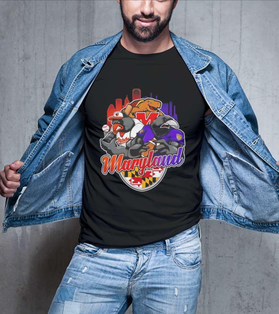 Maryland Orioles Ravens Terrapins Skyline Mashup With Flag T-Shirt