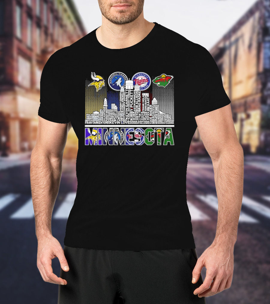 Minnesota Vikings Timberwolves Twins Wild Skyline Roster Names T-Shirt