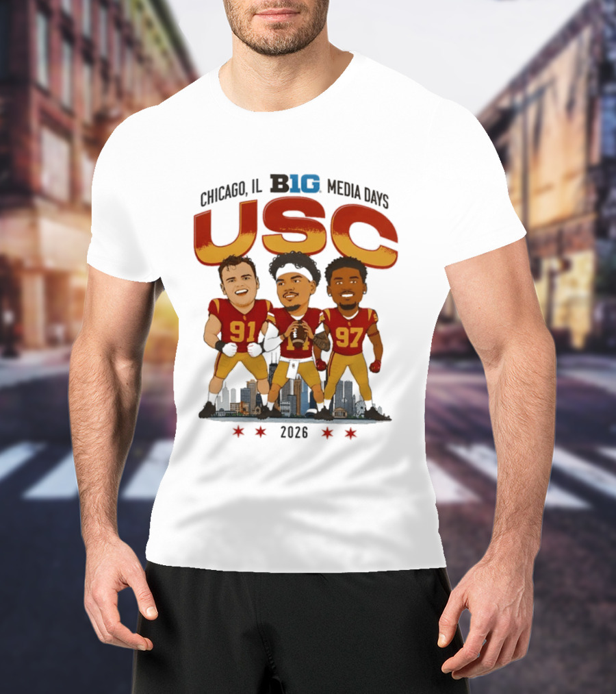 USC Trojans Big Ten Media Days 2026 Chicago Skyline Caricature Jayden Maiava Alex VanSumeren Jide Abasiri T-Shirt