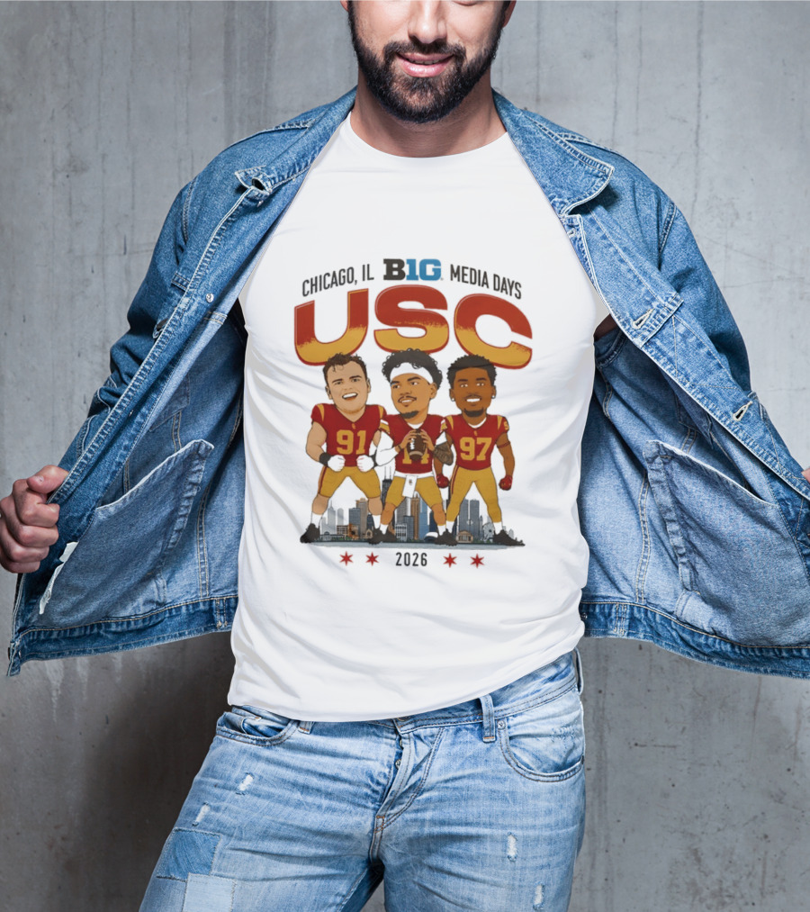 USC Trojans Big Ten Media Days 2026 Chicago Skyline Caricature Jayden Maiava Alex VanSumeren Jide Abasiri T-Shirt