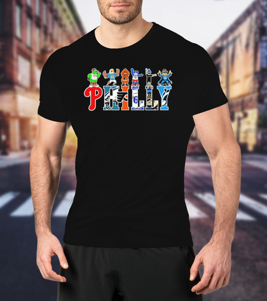 Philly Mascots 2026 Phillies Eagles Flyers Sixers Union Phanatic Gritty Swoop Franklin Fang T-Shirt