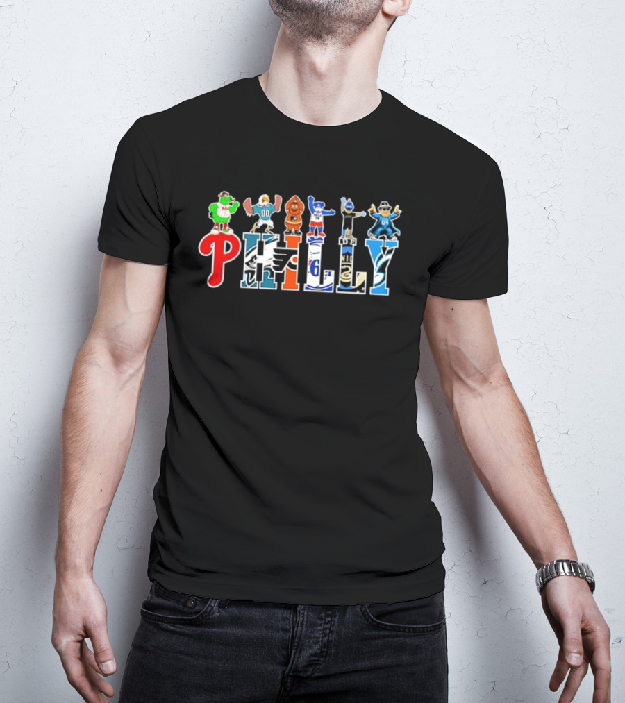 Philly Mascots 2026 Phillies Eagles Flyers Sixers Union Phanatic Gritty Swoop Franklin Fang T-Shirt