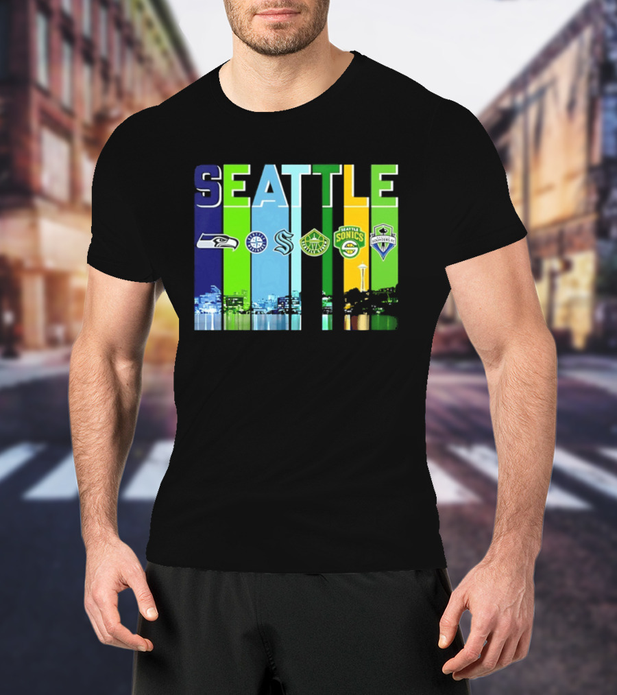 Seattle Seahawks Mariners Kraken Sonics Storm Sounders City Skyline T-Shirt