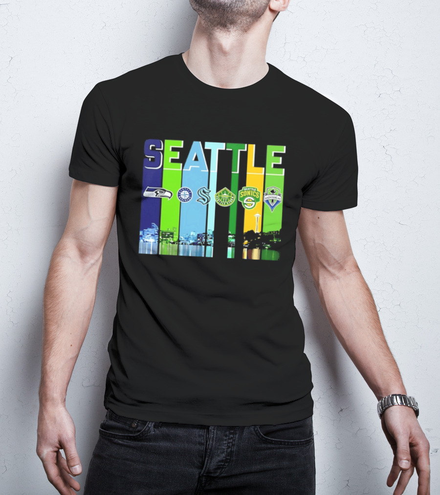 Seattle Seahawks Mariners Kraken Sonics Storm Sounders City Skyline T-Shirt