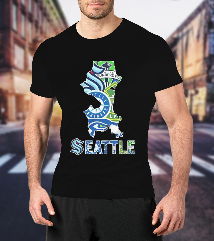 Seattle Kraken Mariners Seahawks Sounders FC Map Collage 2026 T-Shirt
