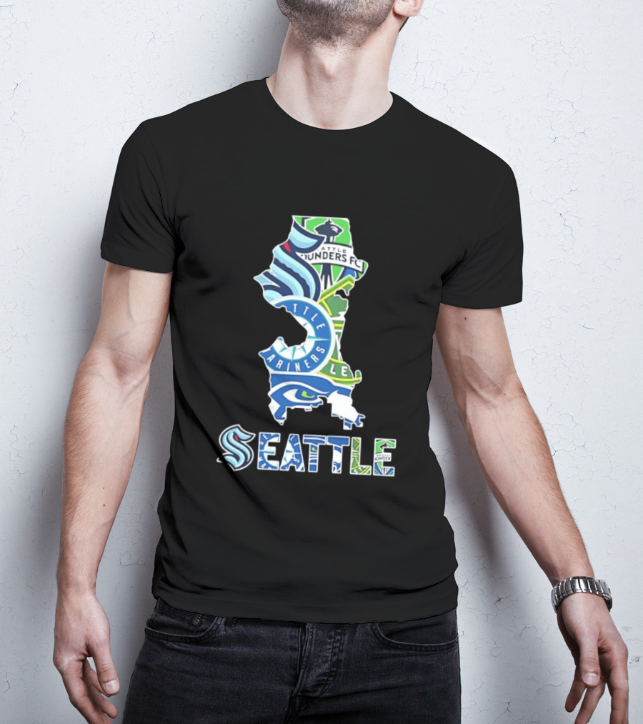Seattle Kraken Mariners Seahawks Sounders FC Map Collage 2026 T-Shirt