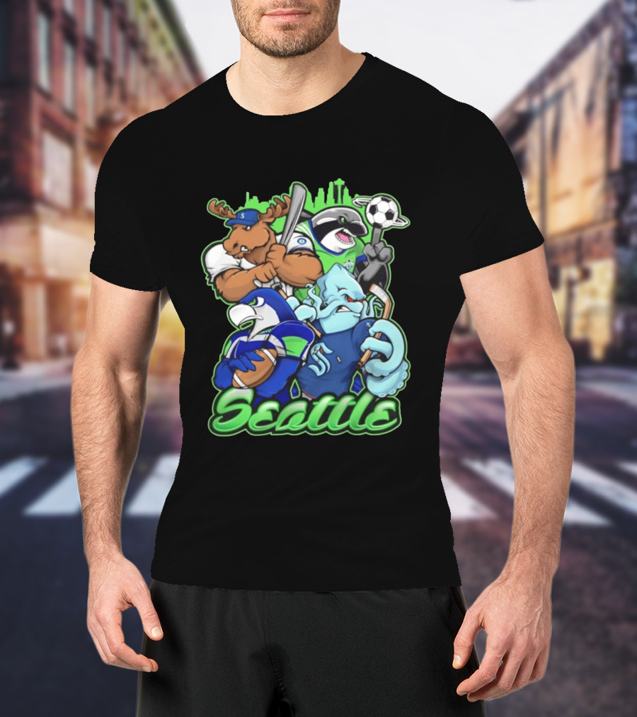 Seattle Sports Team Mascot Mashup With Moose Orca Octopus Bird Skyline T-Shirt
